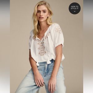 Lucky Brand Womens Embroidered short Sleeve Top fringe large